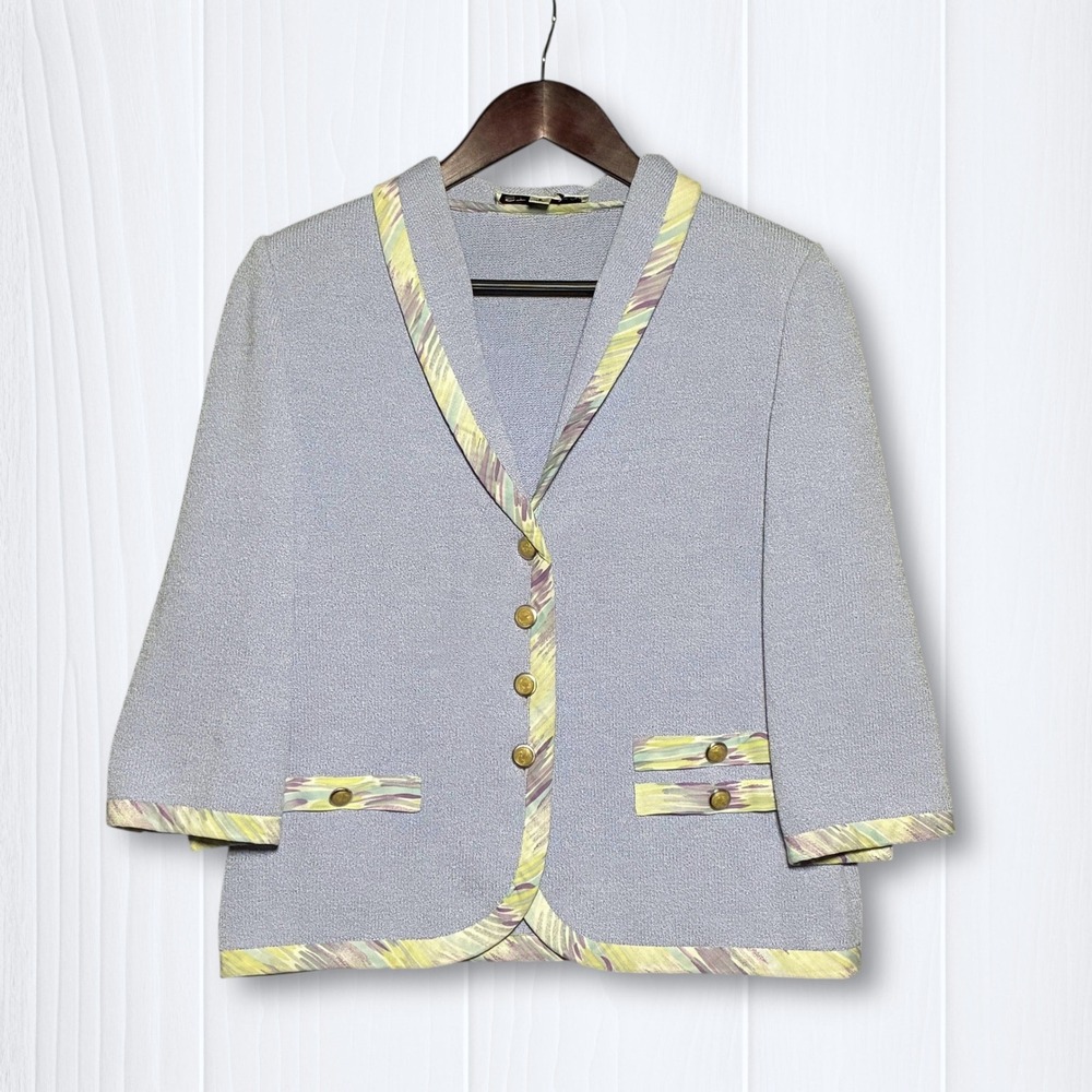 VTG St. John Wool Santana Knit Abstract Trim Blazer Women 8 Periwinkle Blue USA